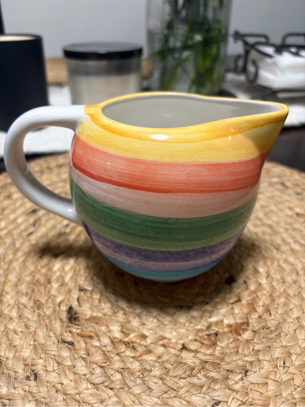 Hand-Painted Rainbow Striped Ceramic Pitcher